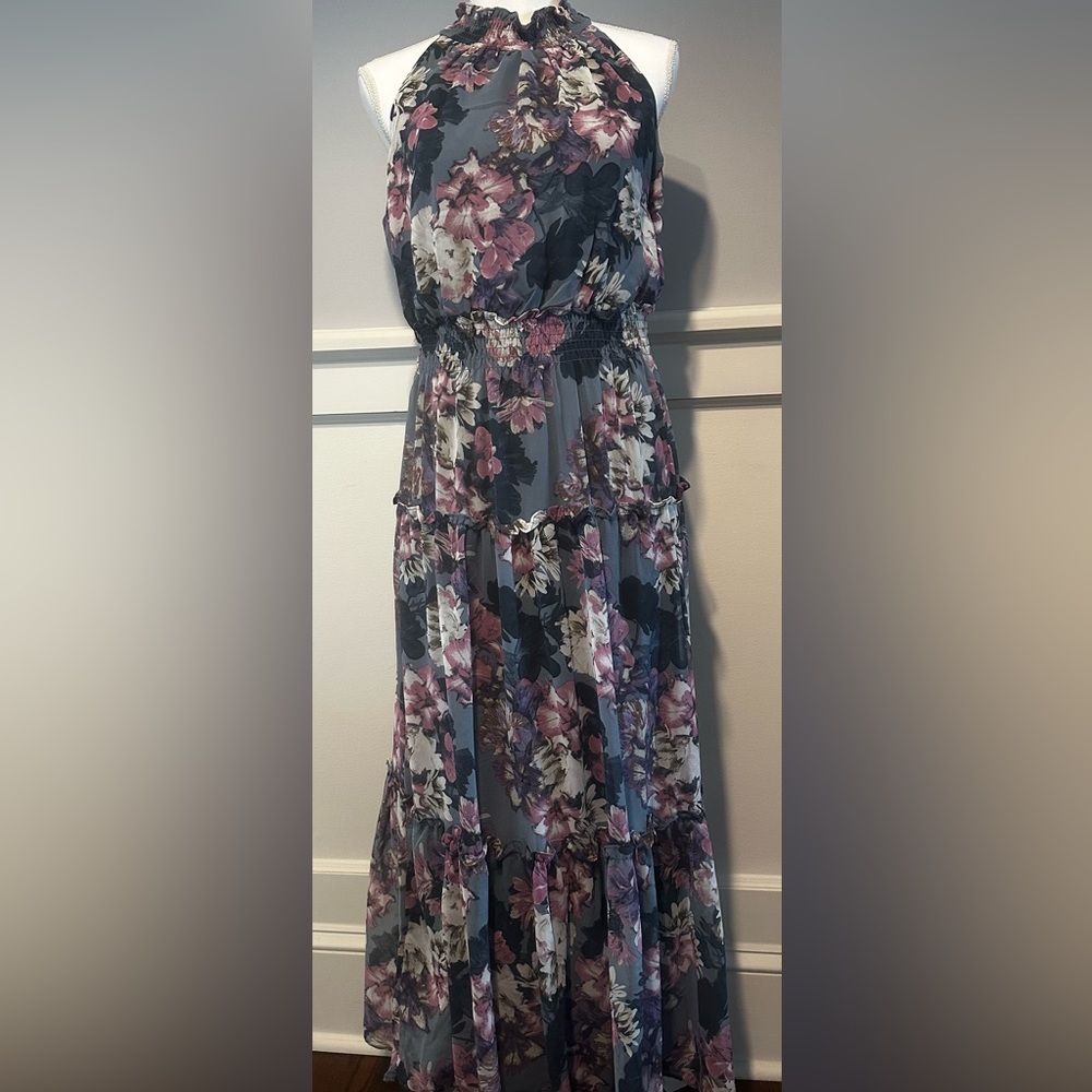 Nina Leonard Floral Halter Maxi Dress - Gray and Pink